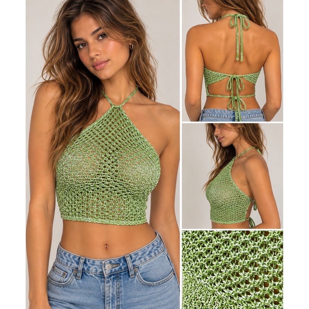 Princess Polly Green Crochet Halter Top Open Back Tie Knit Crop Festival Small